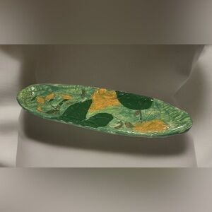 Studio Art Pottery 19”x 6.5” Platter 2005 Oblong Greens Nature Leaves Low Relief
